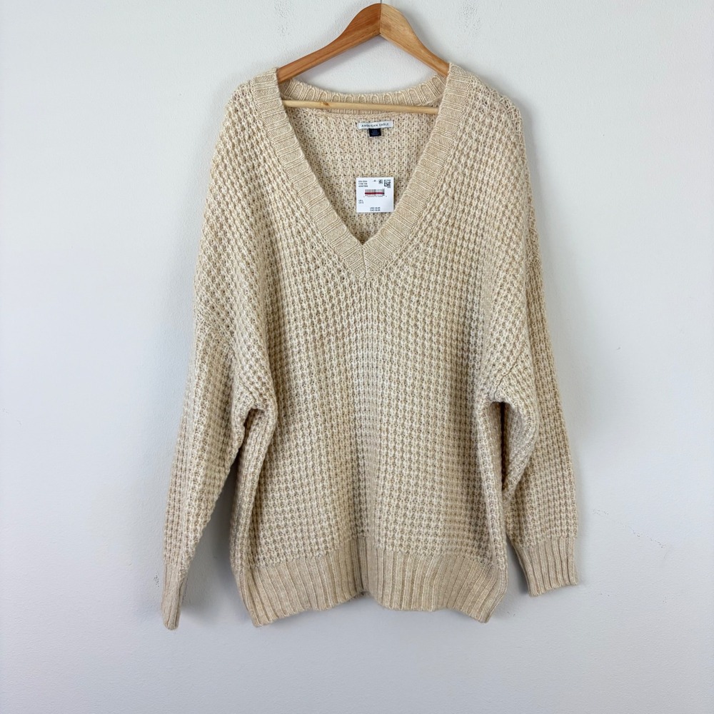 American Eagle Women Cream Oversized V-Neck Waffle Knit Sweater L Minimalist